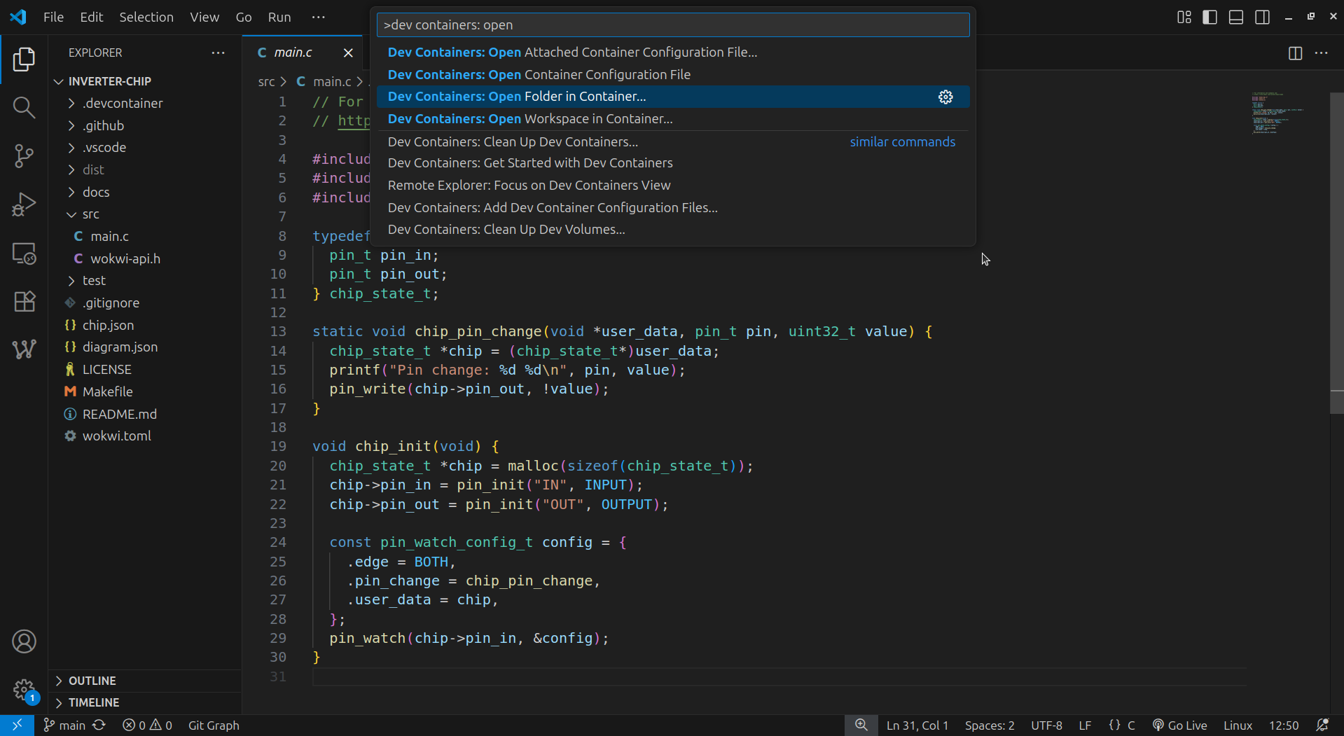 Opening a dev container in VS Code via the command palette